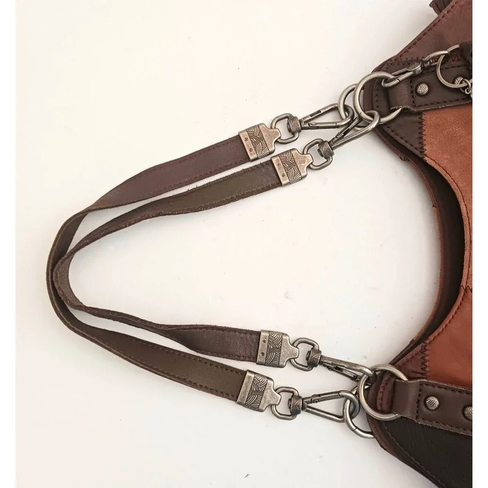Y2K The Sak Brown Patchwork Leather/Suede Hobo Chunky Silver Hardware Tassel